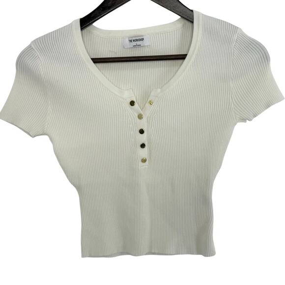 The Workshop Cropped Sweater Large Cream Short Sleeve Gold Button Womens Basic - Picture 1 of 3